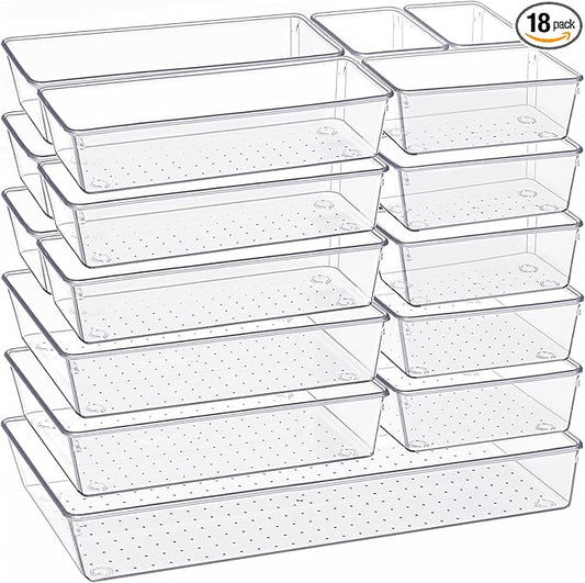 Criusia Drawer Organizer, 18 Pack Large Clear Plastic Kitchen Drawer Organizers Set, 6 Size Versatile Bathroom and Vanity Drawer Organizer Trays, Storage Bins for Makeup, Bedroom, Kitchen Utensils