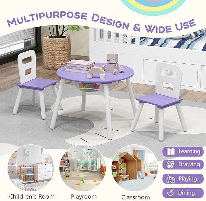 Costzon Kids Table and Chair Set, Wood Activity Table w/Center Mesh Storage, Children Furniture Gift for Boys & Girls, Ideal for Arts, Crafts, Snack Time, Homework, Toddler Table and Chair Set, Purple