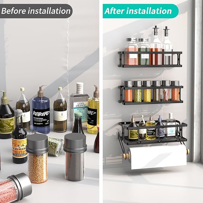 3 Pack Spice Rack Wall Mount | Kitchen Paper Towel Holder + 3 Hooks | Heavy Duty Metal Spice Jar Organizer | Screw/Adhesive (No Drill!) for Cabinet/Countertop/Pantry | S/M/L Sizes Black