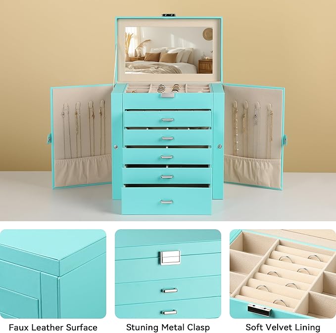 Frebeauty Large Jewelry Box,6-Tier PU Leather Jewelry Organizer,Multi-functional Storage Case with Mirror,Accessories Holder with 5 Drawers for Necklace Bracelets Watches(Turquoise)