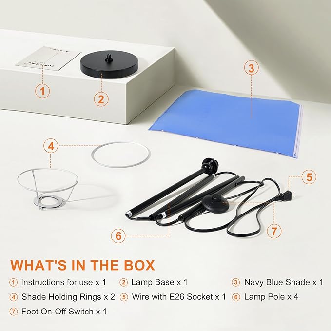 FRIDEKO HOME Floor Lamp with Blue Shade, Simple Design with Foot Pedal Switch, Small Tall Lamps for Living Room Bedroom Office, Corner Floor Stand Light with Black Pole Lamp (No Bulb/No Remote)