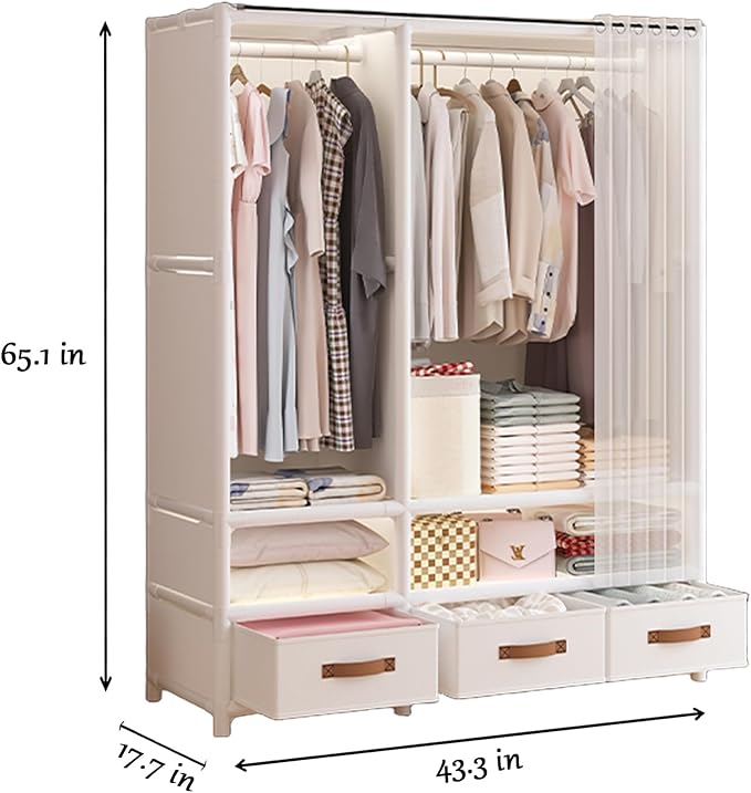 Portable Closet,Portable Closets for Hanging Clothes,Japanese Style Garment Rack Clothing Rack with 3 Drawers,1 Hanging Rods and 2 Storage Shelves,43.3" L x 17.7" W x 65.1" H,White