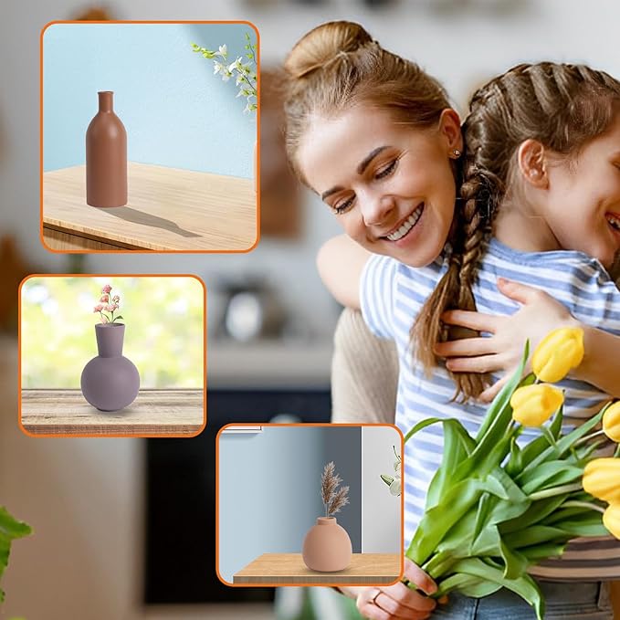 Ceramic Vase Set of 3, Rustic Modern Brown Vases for Bouquet, Fresh or Dried Plants, Home Decor-Modern Decorative Ceramic Flowers Vase for Rustic Home Decor (Brown- Grey)