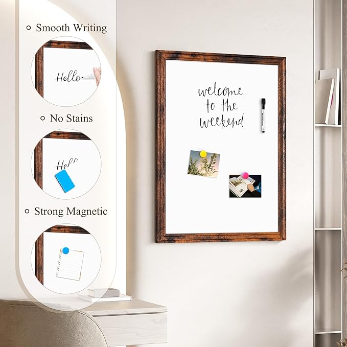 4 THOUGHT Dry Erase Board, 24" x 18" Magnetic Whiteboard Brown Vintage Wood Frame Wall-Mounted White Board Decorative Notice Board School, Office, Home, 6 Magnets 4 Markers 1 Eraser