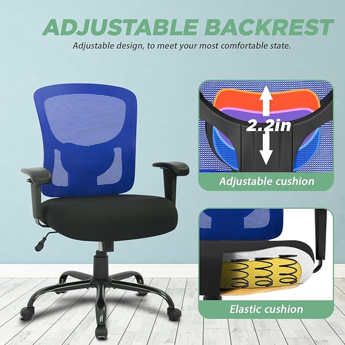 BestOffice Big and Tall Office Chair 400lbs Desk Chair Mesh Computer Chair with Lumbar Support Wide Seat Adjust Arms Rolling Swivel High Back Task Executive Ergonomic Chair for Home Office (Blue)