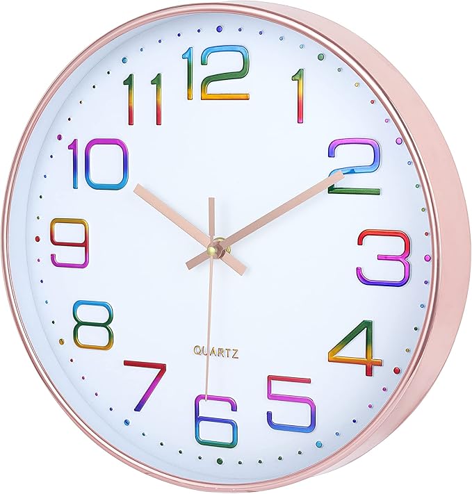 Lafocuse 12 Inch Colorful Wall Clock Battery Operated for Kitchen Living Room, Silent Rose Gold Analog Clock for Girls Bedroom Home Décor
