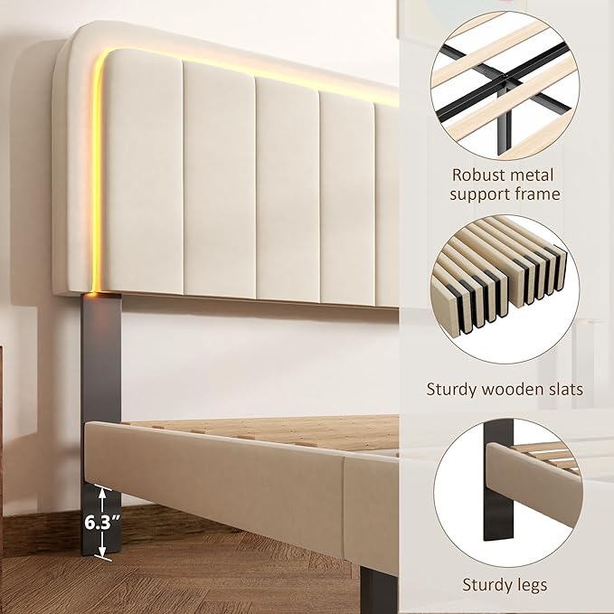 Queen Size Bed Frame with LED Lights, Upholstered Platform Bed with Adjustable Headboard, No Box Spring Needed, Noise-Free, Easy Assembly, Velvet Beige