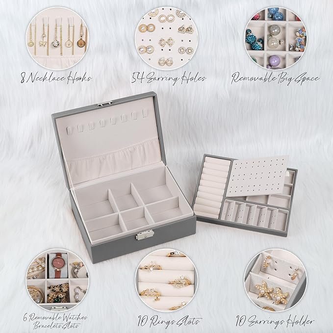 Jewelry Box for Women Girls, 2 Layers Jewelry Organizer Container with Lock, PU Leather Storage Case with Removable Tray, Jewelry Display Box for Necklaces Earrings Bracelets Rings Watches (Grey)