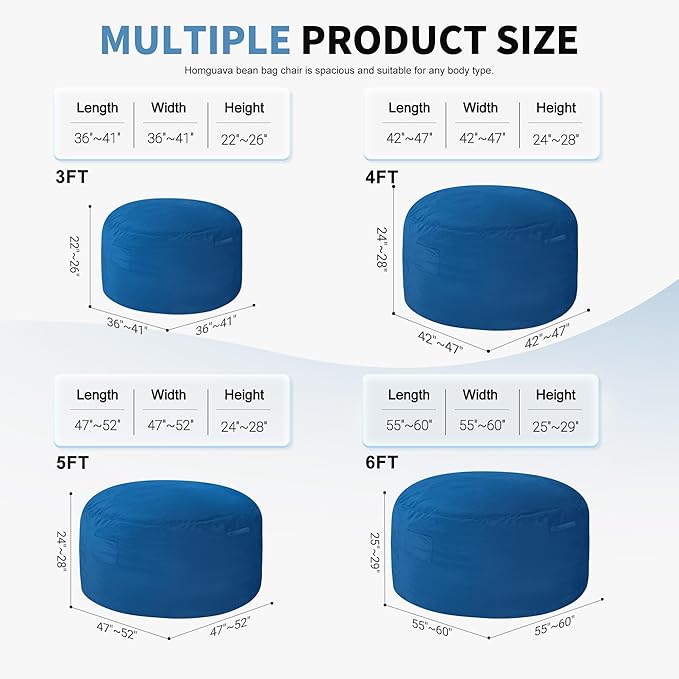 Homguava 6FT Bean Bag Chair Giant BeanBag with Memory Foam Filled, Large Bean Bag Chairs for Adults, Adult Bean Bag Chair with Dutch Velvet Cover for Living Room Bedroom-Blue