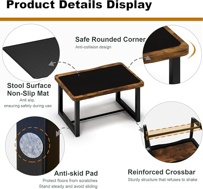 Wooden Step Stool with Non-Slip mat,Bed Steping Stool for Adult Hold up to 500lbs，Wood One Step for Kitchen, Bedroom, Living Room, Bathroom… (Brown)