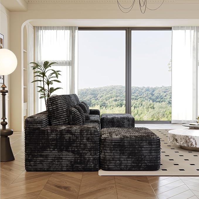 KEIKI 150" U-Shaped Oversized Corduroy Modular Sectional Sofa with 2 Ottomans and Multi Functional Console, 6-Seater Upholstered Couch with USB and 2 Cup Holder, Easy Assembly, for Living Room, Black