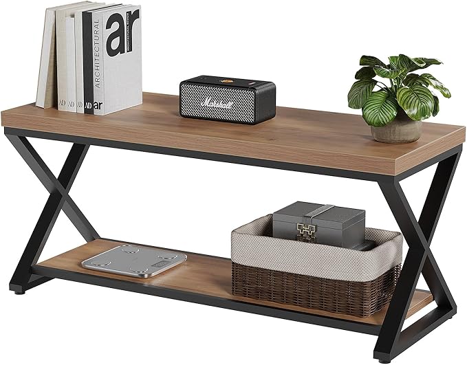 IBF Wood Bench Indoor, Industrial entryway Bench with Shoe Storage for Living Dining Room, Farmhouse Wooden Metal Entry Way Foyer Benches Seat for Bedroom Entryway, Rustic Oak, 39 Inch Long