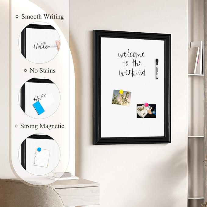 4 THOUGHT Dry Erase Board, 24 x 36 in Magnetic Whiteboard Black Vintage Wood Frame Wall-Mounted White Board Decorative Notice Board for School, Office, Home, Kitchen with 6 Magnets 4 Markers 1 Eraser