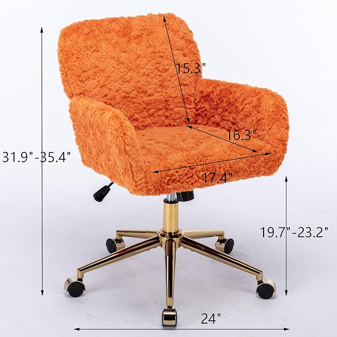 Goujxcy Faux Fur Home Office Chair, Upholstered Elegant Makeup Vanity Chair for Teen Girls Teddy Fabric Swivel Desk Chair, Height Adjustable Leisure Elegant Chair for Home Office (Orange)