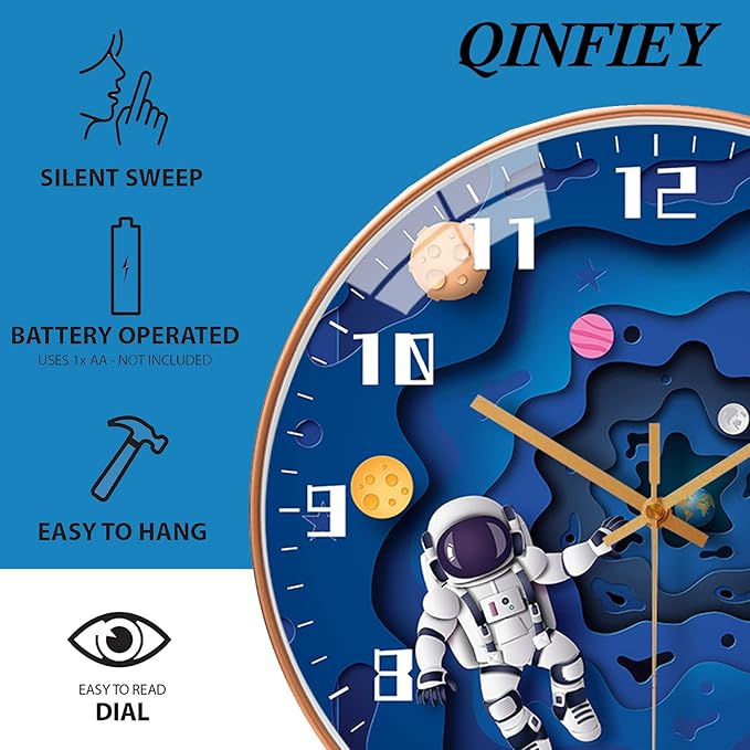 12 Inch Silent Movement Kids Wall Clock, Non Ticking Children Round Wall Clock Battery Operated Space Travel Style Decor Children Clock for School Boys Bedroom Living Room Space Decor (Blue)