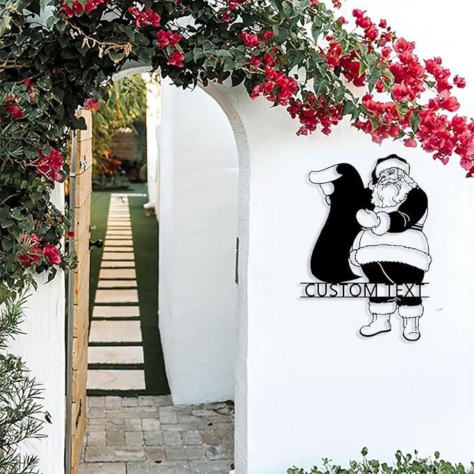 Personalized Christmas Santa Claus Metal Sign, Custom Name Santa Claus Metal Sign Wall Decor, Merry Christmas Holiday Wall Decoration for Home Living Room, Bedroom, Office, Garden, Porch