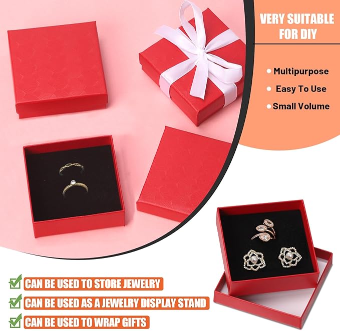 Tanstic 12Pcs Cardboard Jewelry Gift Boxes Kit, 3.5 x 3.5 x 1.2 Inch Red Gift Boxes Cardboard Jewelry Boxes with 74ft White Ribbon and Scissor for Rings, Necklaces, Earrings, Bracelets