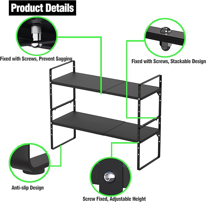 Expandable Kitchen Cabinet Storage Shelf, Stackable Metal Pantry Storage Shelves Organizer, Adjustable Height Counter Spice Rack for Kitchen Cabinet, Countertop, Pantry and Office