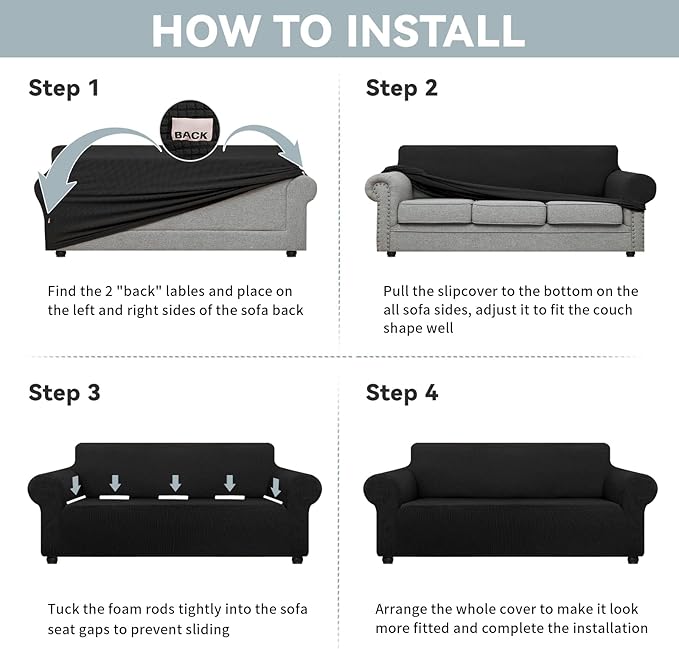 LURKA Stretch Oversized Sofa Slipcovers 1 Piece Couch Covers for 3 Cushion Couch Sofa Furniture Protector Full Sofa Covers with Elastic Bottom for Kids and Pet (X-Large, Black)