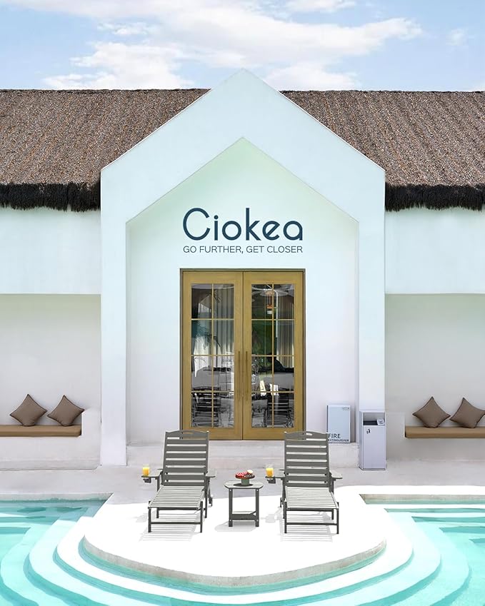 Ciokea Lounge Chair Outdoor, Oversized Chaise Lounge Chair with 5 Positions, HDPE, Patio Lounge Chair with Wheels & Cup Holder for Pool, Deck, Poolside, Grey