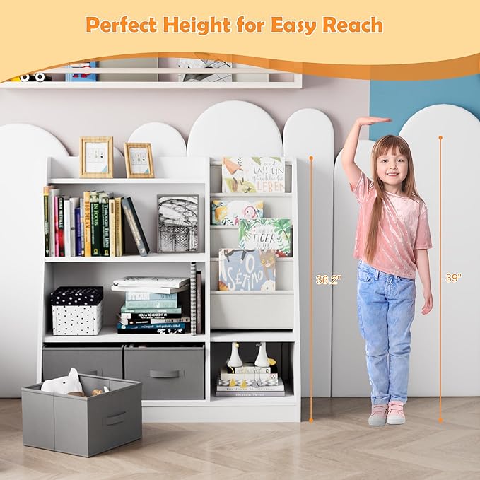 White Kids Bookshelf Wood Montessori Toy Storage Organizer Cabinet Shelf Child Bookcase Toddler Baby Sling Book Rack 3 Cube Bin Fabric Drawers for Playroom Bedroom Nursery School