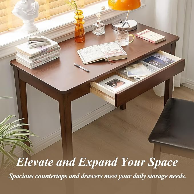 Solid Wood Computer Desk with Drawers, Modern Writing Desk for Home Office, Mid Century Modern Desk, Oak Study Table, 35.4x19.9x29.5 inches (Single Drawer), Walnut