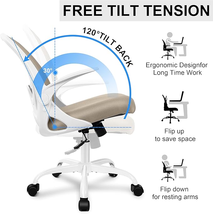Primy Office Chair Ergonomic Desk Chair with Flip up Armrests Swivel Breathable Desk Mesh Computer Chair with Adjustable Lumbar Support and Height for Conference Room (Khaki)