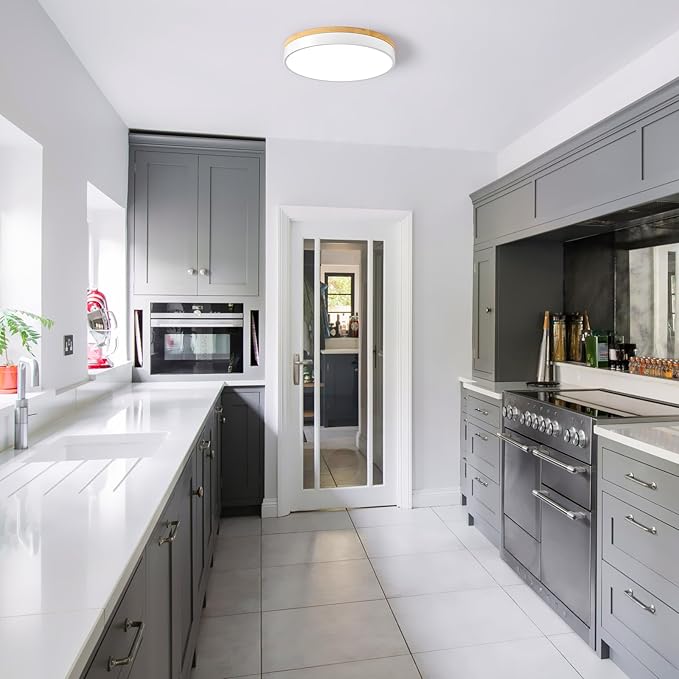 Dimmable Wood LED Ceiling Light Fixture, White Round Low Profile Flush Mount Ceiling Lighting, Modern 5CCT 2700K-6000K Ceiling Lamp for Living Room Hallway Kitchen Bedroom, 15.8in, YY20240516D