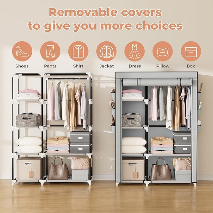 VTRIN Wardrobe Closet, 41.7 Inch Wide Portable Closets for Hanging Clothes with 1 Hanging Rod, 6 Shelves, 6 Pockets, Clothes Rack with Cover Portable Wardrobe Closet for Bedroom, Dorm, Grey