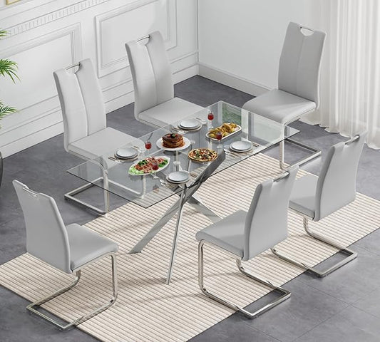 Modern Glass Dining Table Set for 6, Silver Glass Kitchen Table and Chairs Set of 6, 7 Piece Dining Room Table Set with 61" Rectangular Metal Glass Dinner Table and 6 Grey Leather Dining Chairs