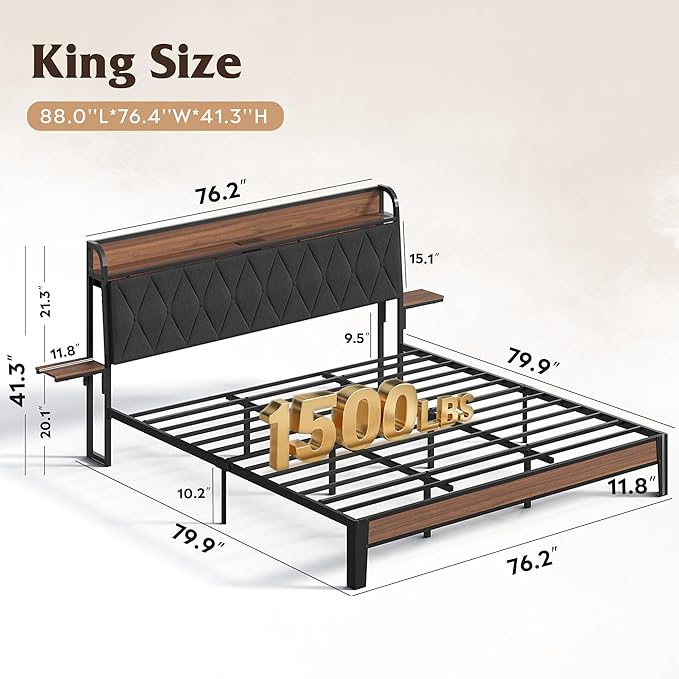 WLIVE King Size Upholstered Bed Frame with 2 Side Shelves, Linen Tufted Storage Headboard with Charging Ports and LED Light, Metal Solid and Stable, No Box Spring Needed, Easy Assembly, Brown