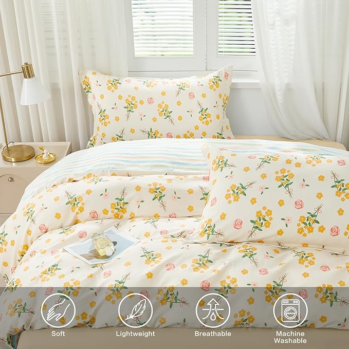 SAPHREAS Yellow Floral Duvet Cover Set King Size 3pcs Garden Style Botanical Blossom Bedding Comforter Cover Set 100% Cotton 1 Duvet Cover 104"x90" 2 Pillow Shams, Comforter Not Included