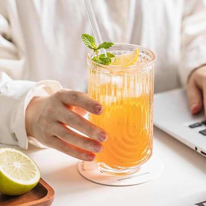 INSETLAN Vintage Glassware Arch Design Glass cups Set of 4, Fashioned Ripple Glassware Highball Glass, Classic Transparent Cocktail Glasses, for Bar Beverages Ice Coffee Juice Water (4pcs-L)