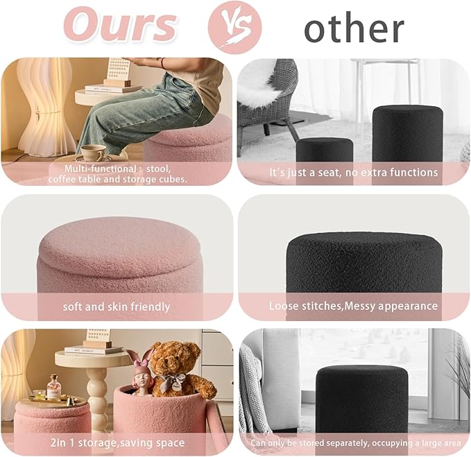 Round Ottoman with Storage Set of 2-Upholstered Sherpa Vanity Stool for MakeupMultifunctional Ottomans Coffee Table Padded Seat Foot Rest for LivingRoom&Bedroom(Sherpa Pink)