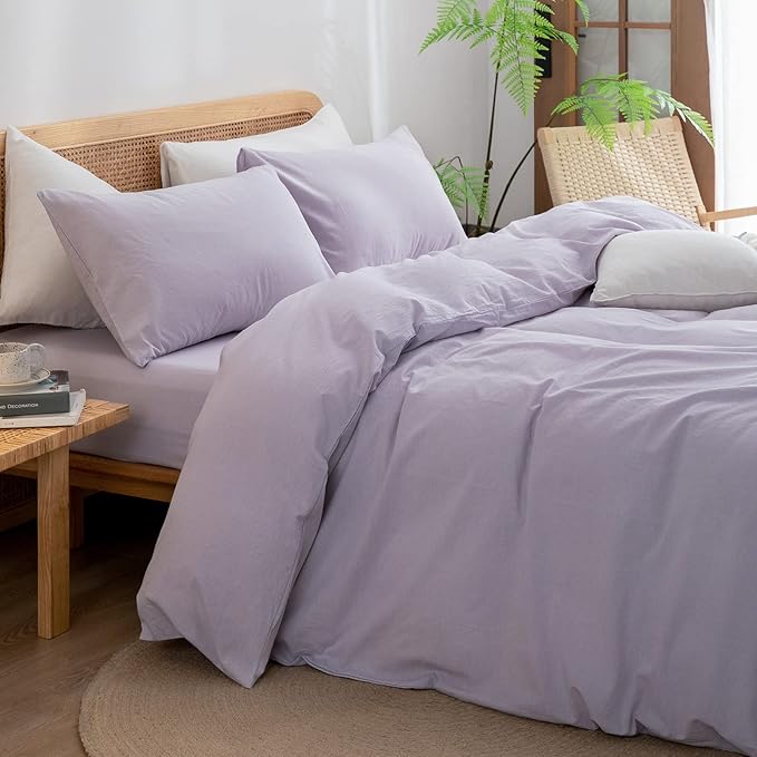 BESTOUCH Duvet Cover Set 100% Washed Cotton Linen Feel Super Soft Comfortable Chic Lightweight 3 PCs Home Bedding Set Solid Taro Purple Super Queen
