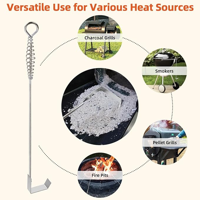BBQ Ash Tool Poker Rake,18.6 Inch Stainless Steel Charcoal and Grill Cleaning Ash Tools for Fireplace, Metal BBQ Cleaner Poker,Heavy Duty Barbecue Grilling Utensils Tool for Charcoal Grills