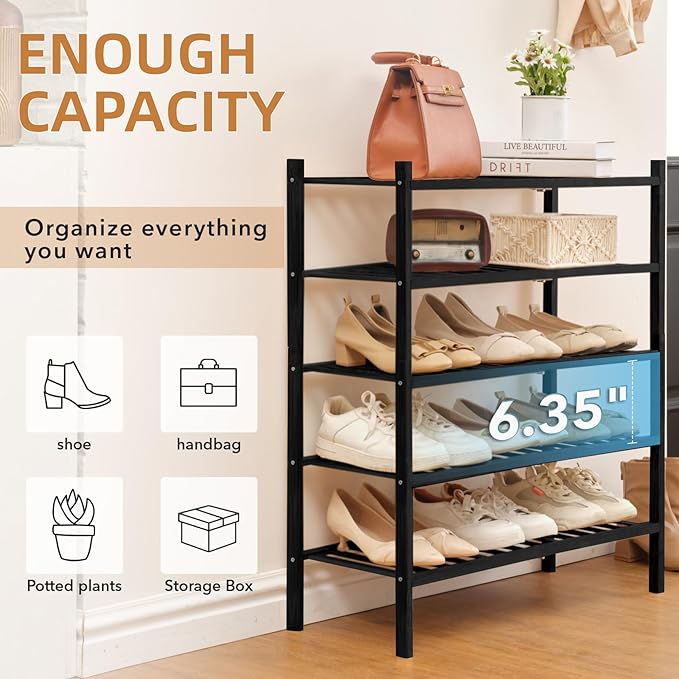 5 Tier Bamboo Shoe Rack Storage Organizer for Closet, Multifunctional Stackable Free Standing Shoe Shelf Organizer for Small Space,Entryway, Hallway, Bathroom27 x11 x32 (Black, 5 Tier)