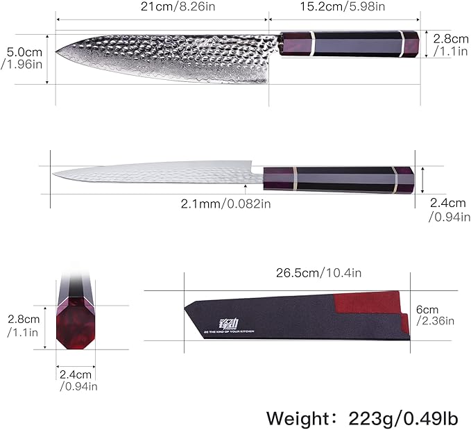 FINDKING Eternity Series Japanese Chef Knife with ABS sheath, Professional Kitchen Knife, 9Cr18MoV Damascus Steel Blade, Resin Octagonal Handle, Sharp, for Meat Cutting, 8 Inches