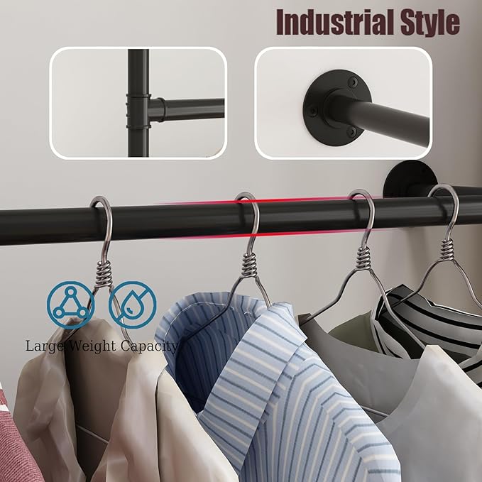 Industrial Pipe Clothing Rack Wall Mount, Black Pipe Clothes Rack with 3 Hanging Rods, Heavy Duty Pipe Clothing Rack for Laundry Room, Closet Systems for Walk in Closets
