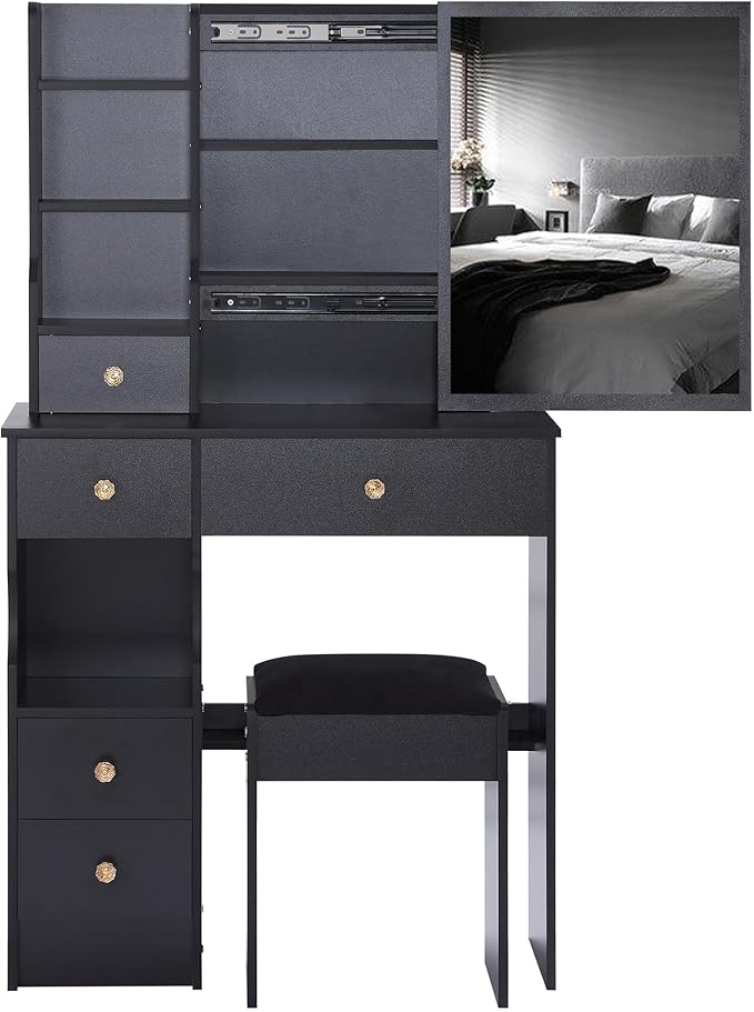 Small Makeup Vanity Desk with Storage Drawer, Compact Vanity Table Set with Mirror and Drawers, Solid Dressing Table Set with Chair, Compact Space Storage Shelves for Bedroom, Black