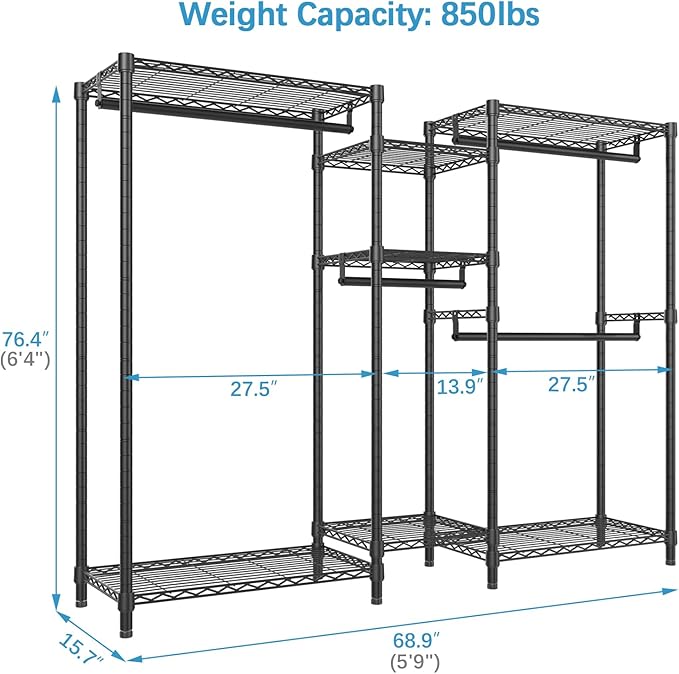 VIPEK Classic V6 Wire Garment Rack Heavy Duty Clothes Racks with Shelves, Freestanding Portable Wardrobe Closet Rack for Hanging Clothes Closet System 68.9" L x 15.7" W x 76.4" H, Load 850LBS, Black