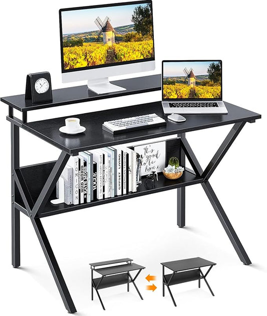 ODK Small Desk, 27.5 Inch Computer Desk for Small Spaces, Compact Desk with Storage, Study Table with Monitor Stand for Home Office, Black