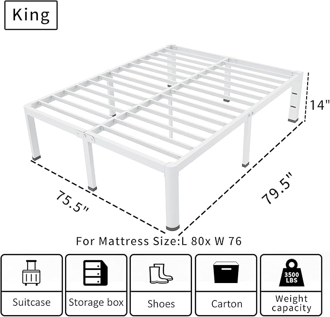 ROIL 14 Inch White King Bed Frame with Rounded Corner and Headboard Hole Mattress Retainers 3500LBS Heavy Duty Steel Slats No Box Spring Needed Platform Noise-Free Easy Assembly