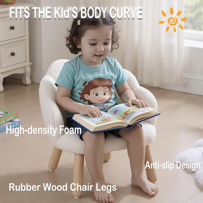 Toddler Chairs, Kid Chairs with Solid Wooden Frame, Toddler Armchair Comfy, Upholstered Kids Chair with Flower Back, Kid Sofa, Toddler Couch for Playroom, Kindergarten & Preschool, White