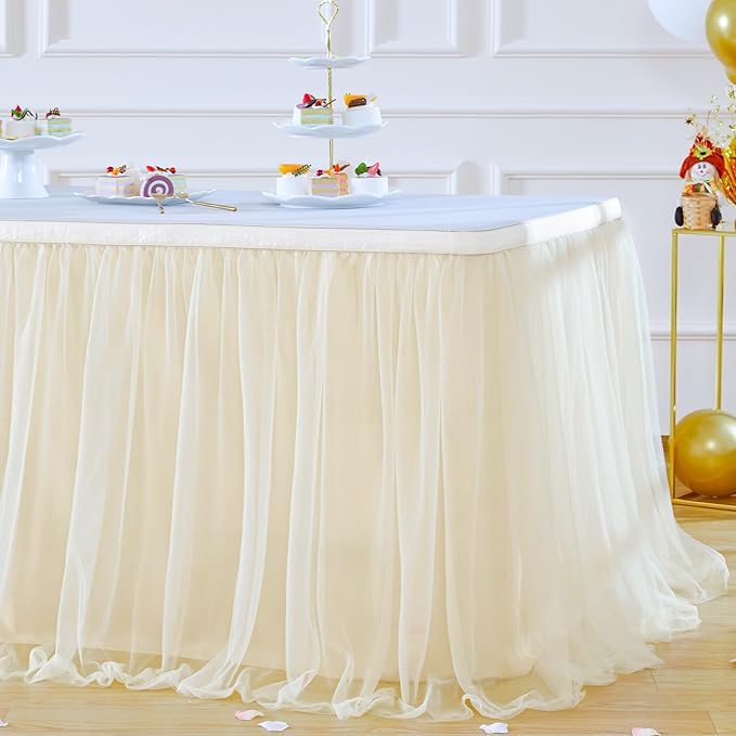 Suppromo Champagne Tulle Table Skirt for Birthday Party 6ft Champagne Tutu Table Cloths Desk Skirt for Wedding Reception Baby Shower Bridal Shower Dessert Cake Table Decorations