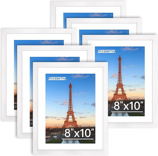 FIXSMITH 8x10 Picture Frame Bulk-6 Pack, Photo Frame with HD Plexiglass, Display Pictures 5x7 with Mat or 8x10 Without Mat, White Picture Frames Collage Wall Decor, Wall & Tabletop Picture Frames
