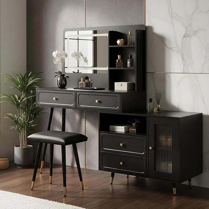 Merax 58" Large Vanity Desk with Mirror and Lights, Modern Black Makeup Vanity Set with Stool and Power Outlet, Retractable Dressing Table with Drawers and Side Cabinet for Bedroom, 3 Color Mode