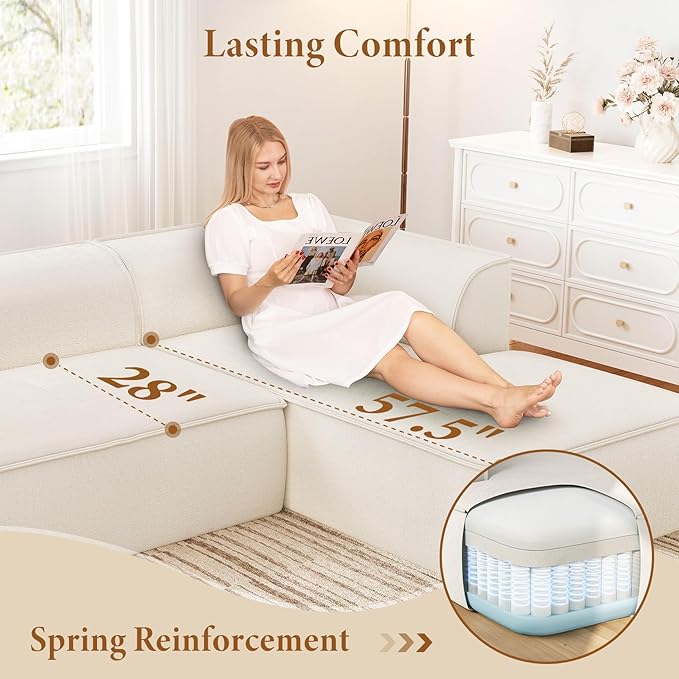 Vesgantti 106" Boneless Couch with Chaise, Deep Seat Cloud Sofa Sectional, Chenille Memory Foam Modular Couches for Living Room, No Assembly Required (Creamy Beige, Right-Facing Chaise)