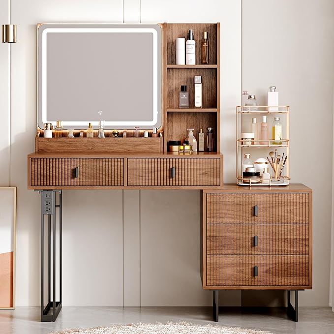 Large Vanity Desk with 3 Color Touch Screen Dimming Mirror, Vanity Desk with Charging Station, Modern Retractable Makeup Dressing Table, Makeup Table With storage shelves and 5 Sliding Drawers, Walnut