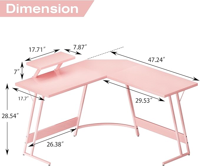 Homall Pink L Shaped Gaming Desk Computer Corner PC Desk Table with Large Monitor Stand for Home Office Studying Writing Workstation, Gift for Girls and Women (Pink, 47 Inch)